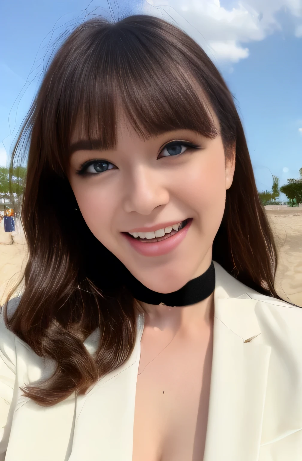 ((highest quality, 8k, Representative works in detail, Ultra-high resolution)), (Looking at the audience), (Cowboy Shot), Attractive woman, ((Big Breasts)),  smile, ((Black choker)), Slim figure, (Blue Eyes), Long eyelashes, bangs, Beautiful shiny brown hair, Nogizaka Idol, Slim face、((Ivory white blazer))、seamless、matte、Sandy Beach、blue sky、Wicked Smile、bangs