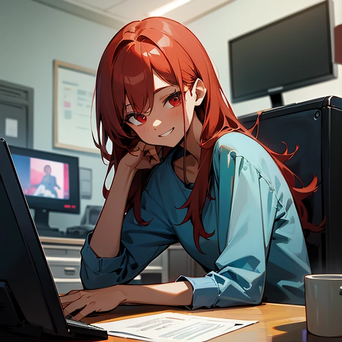 , middle breast, red hair, red eye, light brown skin, sky blue shirt, sitting in front of computer, smiling, hacker, dark room, extremely beautiful, masterpiece