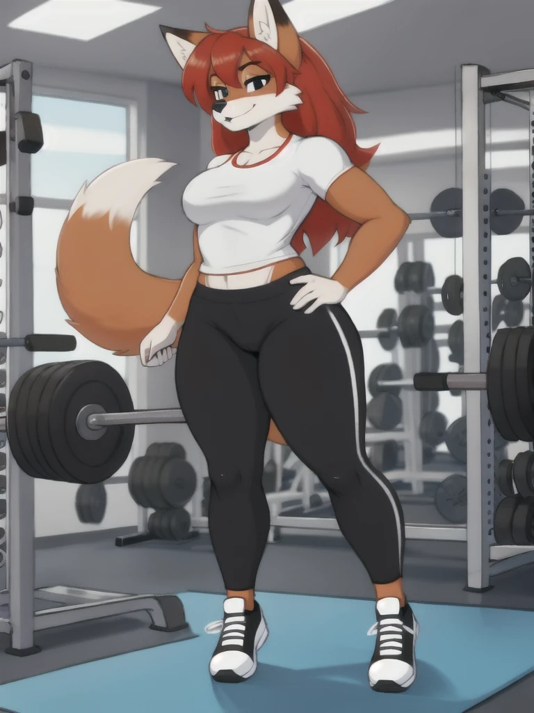 Furry, fox, female, white shirt, black leggings, shoes, gym, teen, full body