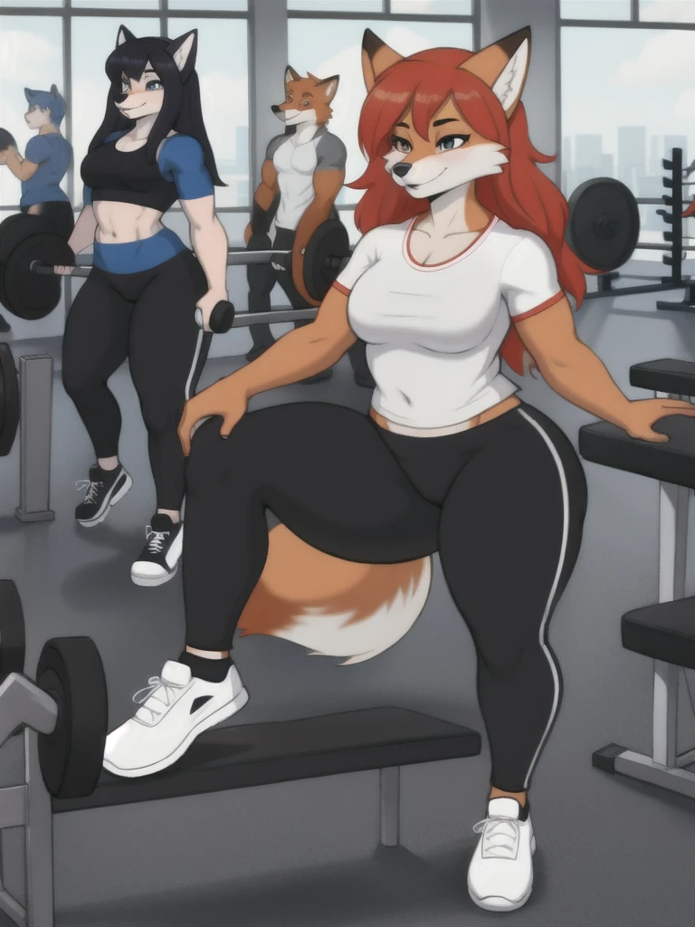 Furry, fox, female, white shirt, black leggings, shoes, gym, teen, full body