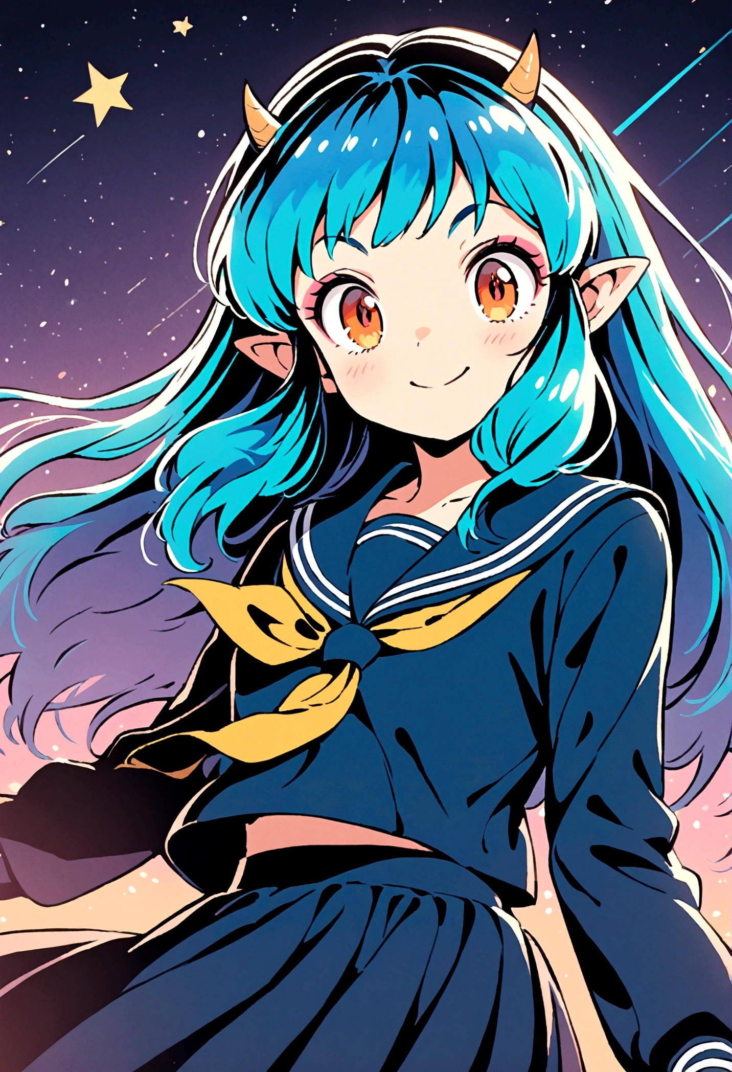 takahashi rumiko style,(1 girl,Lum,long hair,bangs,blue hair,orange eyes,horns,pointy ears,aqua hair,oni horns,(eyeshadow),(shirt,long sleeves,sailor suit,sailor collar,neckerchief,yellow neckerchief,blue shirt,blue sailor collar,blue skirt),the character Lum from "Urusei Yatsura",Do cute girly poses,bright smile,fine,Bright and cheerful atmosphere,Background elements such as space or a starry sky,BREAK,(Creates a POP illustration style background,Outer space with the moon and stars floating in it,rich colors,colorful,shooting star,draw with thick lines,Sparkling,unbelievably absurd,zentangle elements,vector art),beautiful light and shadow,BREAK,(masterpiece:1.3),(highest quality:1.4),(ultra detailed:1.5),High resolution,extremely detailed,unity 8k wallpaper