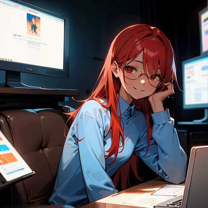 , middle breast, red hair, red eye, light brown skin, sky blue shirt, sitting in front of computer, smiling, hacker, sunglassess, very very dark room, extremely beautiful, masterpiece