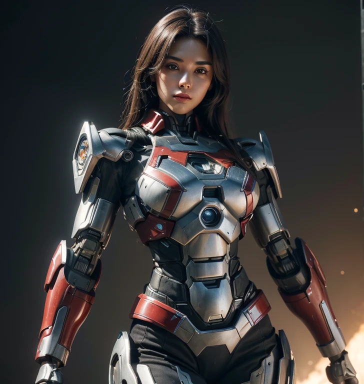 Textured skin, Super Detail, high details, High quality, Best Quality, hight resolution, 1080p, hard disk, Beautiful,(Iron Patriot),beautiful cyborg woman,Mecha Cyborg Girl,Battle Mode,Girl with a Mecha Body,She wears a futuristic Iron Patriot mech,Fulll body Shot