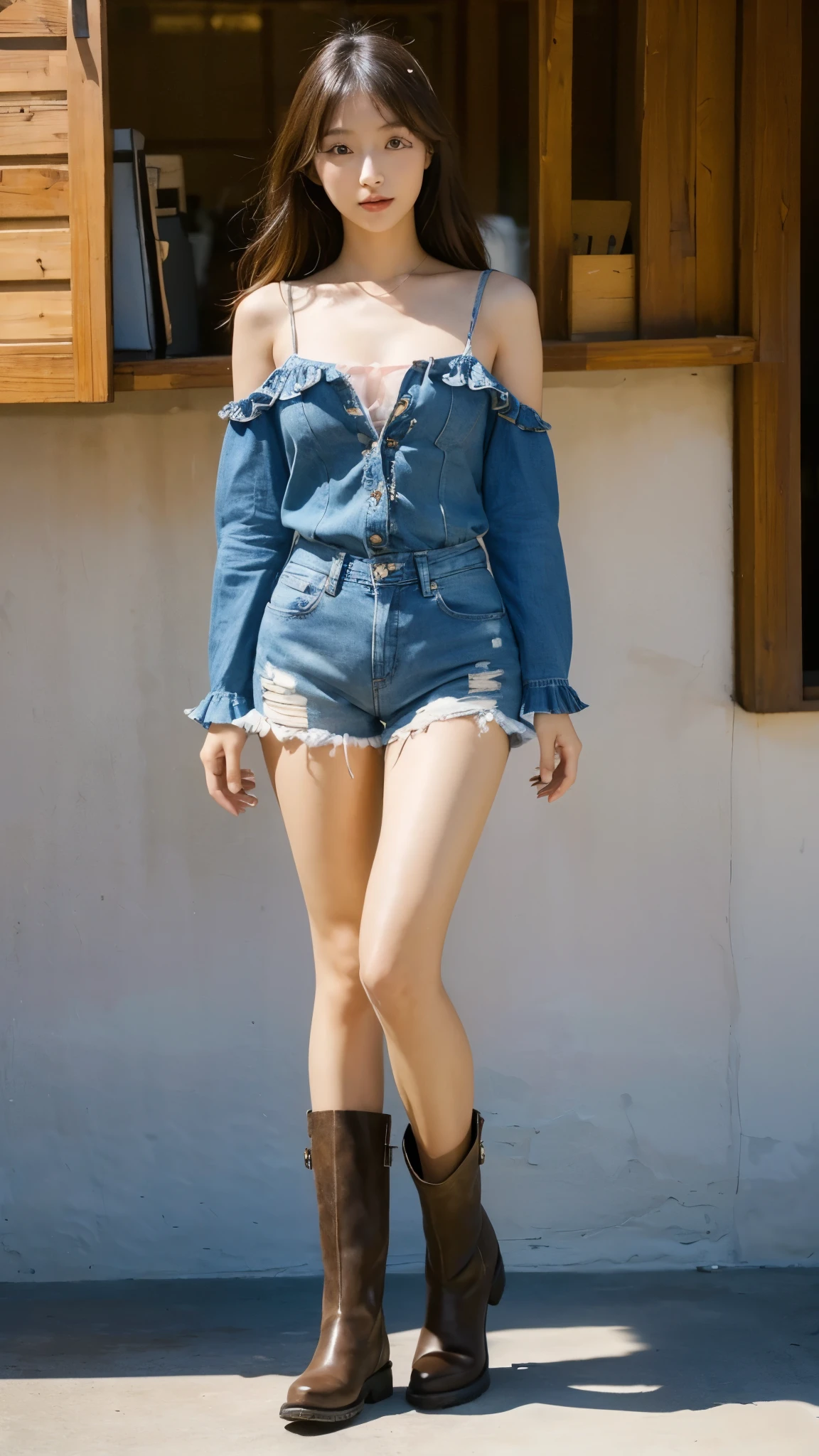 (Full body image:1.5),(Are standing:1.3),masterpiece,highest quality,High resolution,Full body image,A Japanese woman wearing a flashy frilly bodysuit, denim shorts and cowboy boots,Perfect Legs,Perfect Skin,Perfect Arms