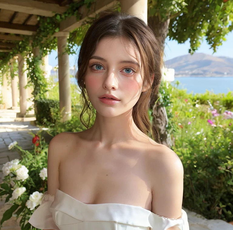 Beautiful girl, blue eyes, white hair, detailed facial traits, white greek female dress, flower wreath, naked breasts, greek architectural buildings