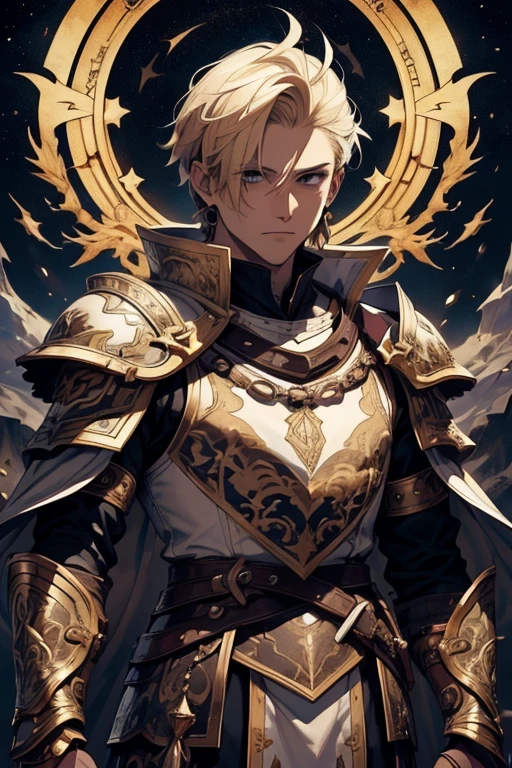 white man, blond hair, brown eyes, short hair, with white clothes, on top of the white clothes he wears armor decorated in black, on both arms he has bracelets decorated in black, he wears a white cape, the cape has a drawing of a dragon in the middle in black, on the edges of the cover there is a black outline, the cover covers both shoulders, scenery and the night sky with stars.