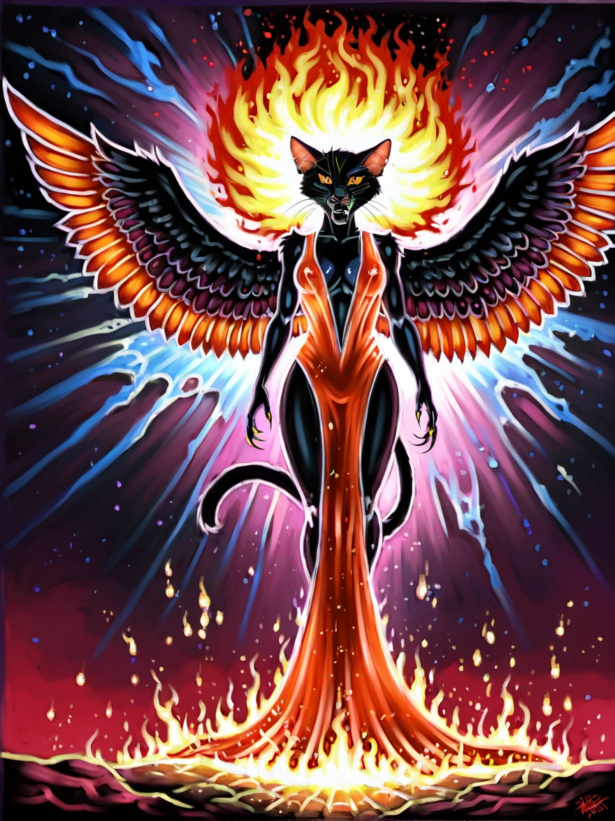 Oil painting on canvas by Gustave Moreau, by Thomas Kinkade, by james gurney, HDR landscape, photorrealism, by Carne Griffith, by Frank Frazetta, by alberto Servizou, by Alberto Cervezu, furry, A female hybrid of a cat, dark environment, surrounded, eerie fire, magic stones. back wings, piercing orange eyes glow, sharp big fangs, menacing nature, very predatorial feminine, jet-black fur, two tails swishing, devious intentions, ominous background, bathed in red light from below, vivid horrific fantasy underworld, textures, high quality high detail, Colorful, expressive, dramatic, organic lines and forms, dreamy, mysterious, see-through robe, complicated motions, meticulous intricacy, sharp claws, rough brushstrokes, Dynamic, clear Shadows and highlights