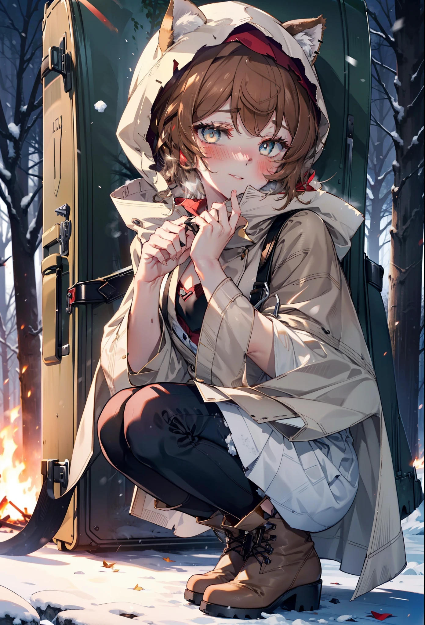 Liliru Card, Liliruca gets burned, Animal ears, (Brown eyes:1.7), Brown Hair, (Flat Chest:1.2), short hair,smile,blush,White Breath,
Open your mouth,snow,Ground bonfire, Outdoor, boots, snowing, From the side, wood, suitcase, Cape, Blurred, having meal, forest, White handbag, nature,  Squat, Mouth closed, Cape, winter, Written boundary depth, Black shoes, red Cape break looking at viewer, Upper Body, whole body, break Outdoor, forest, nature, break (masterpiece:1.2), highest quality, High resolution, unity 8k wallpaper, (shape:0.8), (Beautiful and beautiful eyes:1.6), Highly detailed face, Perfect lighting, Highly detailed CG, (Perfect hands, Perfect Anatomy),