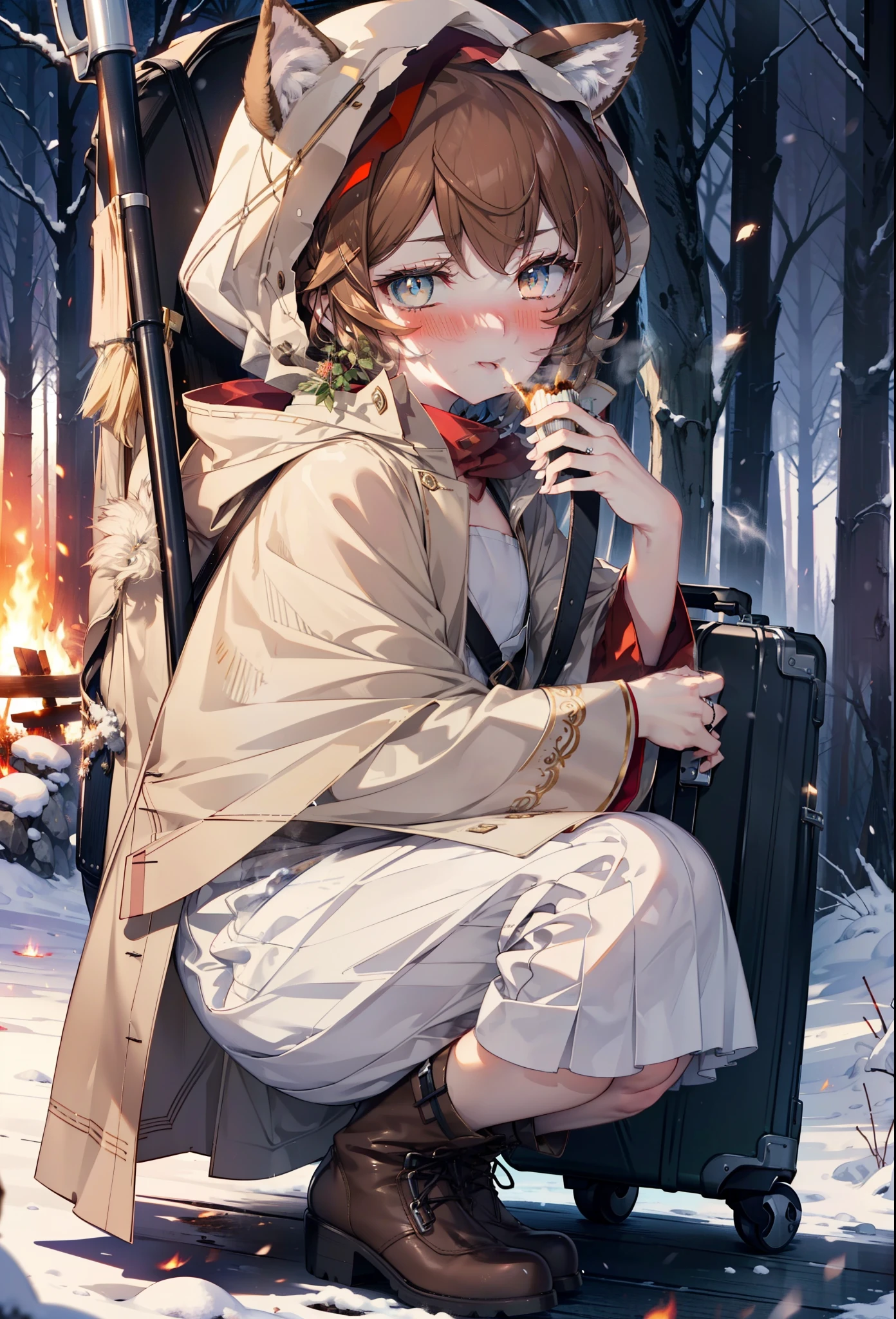 Liliru Card, Liliruca gets burned, Animal ears, (Brown eyes:1.7), Brown Hair, (Flat Chest:1.2), short hair,smile,blush,White Breath,
Open your mouth,snow,Ground bonfire, Outdoor, boots, snowing, From the side, wood, suitcase, Cape, Blurred, having meal, forest, White handbag, nature,  Squat, Mouth closed, Cape, winter, Written boundary depth, Black shoes, red Cape break looking at viewer, Upper Body, whole body, break Outdoor, forest, nature, break (masterpiece:1.2), highest quality, High resolution, unity 8k wallpaper, (shape:0.8), (Beautiful and beautiful eyes:1.6), Highly detailed face, Perfect lighting, Highly detailed CG, (Perfect hands, Perfect Anatomy),