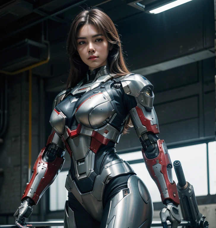 Textured skin, Super Detail, high details, High quality, Best Quality, hight resolution, 1080p, hard disk, Beautiful,(Iron Patriot),beautiful cyborg woman,Mecha Cyborg Girl,Battle Mode,Girl with a Mecha Body,She wears a futuristic Iron Patriot mech,Fulll body Shot