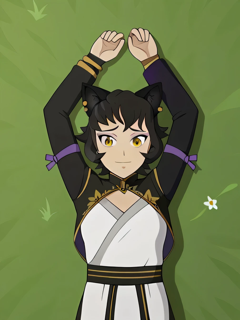 anime, mature female, kali belladonna, high quality, closed mouth, solo, cowboy shot, high quality, lying, on back, on grass, spread arms, shy smile, arms up, closed mouth,
