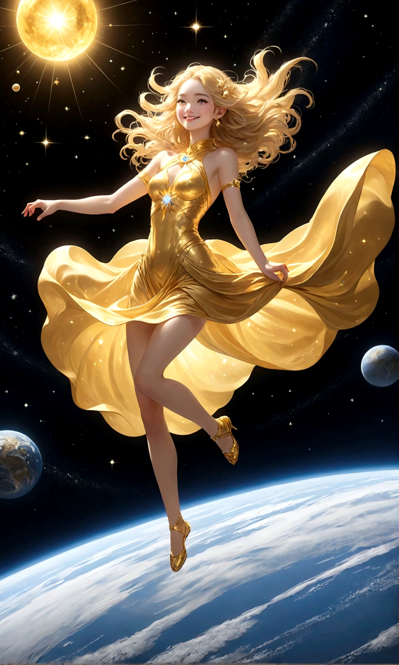 (masterpiece、highest quality、High resolution、8k)、Alone in space、goddess、Smile with closed mouth、Standing posture、whole body、Super beautiful、Golden half dress、(Floating in the sky like a star、Floating、Floating)、金色のLightがwhole bodyを包んでいる、whole bodyがLightの中にある、Looking down on the earth、(目がくらむほどのLight、Light、Light)、宇宙はLightに満ち満ちている、Dynamic Movement、The Universe is Infinite、