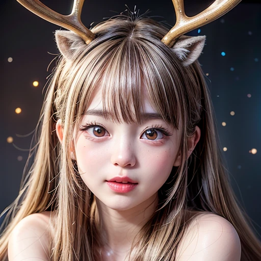 NSFW, 8k, High-level, absurd, masterpiece, best quality, primitive, very detailed CG, very detailed wallpaper, perfect lighting, Extremely detailed (((The personifying " reindeer " as a Little Girl))), MysticSight, Tyndall effect, Tyndall scattering, Studio gray background with (many Dazzling RainbowColor particles BokeH:1.28), (RoundlyButts, ThighGap), (Exposed:0.4), (Assfocus with looking ahead), BREAK (NOGIZAKA face variations) Extremely Detailed very KAWAII face variations, perfect anatomy, Childish, captivating gaze, elaborate detailed Eyes with (sparkling highlights:1.28), long eyelashes、Glossy RED Lips with beautiful details, Coquettish tongue, Rosy cheeks, Radiant PearlSkin with clear transparency . { (Dynamic LifeLike expressions:1.4) | :d) }, (large eyes:-1) .