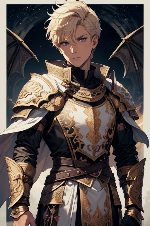 white man, blond hair, brown eyes, short hair, with white clothes, on top of the white clothes he wears armor decorated in black, on both arms he has bracelets decorated in black, he wears a white cape, the cape has a drawing of a dragon in the middle in black, on the edges of the cover there is a black outline, the cover covers both shoulders, scenery and the night sky with stars.
