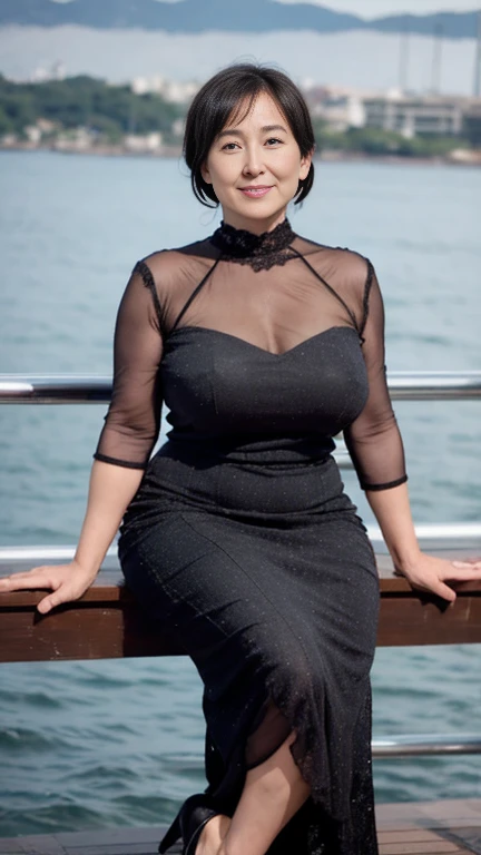 Gravure printing，((Top quality、8K、masterpiece:1.3))、Realism,masterpiece，High level of image quality, High resolution, best quality, Super detailed, Practical, Ultra dense skin, Perfect anatomical structure(最下垂的巨型最下垂的最长的Mature : 1.8)，Ultra-real and delicate skin,47-year-old woman，Tie your hair up，High bun，A fat and muscular body，Mature，Charming smile，big  slightly fat，Transparent Tulle High Neck Dress， High heel, Mature又丰满, Large Breasts，Big ，plump woman, Clean and smooth pictures, all star, high quality, best quality, good vibes, nice, Sea surface，Sitting on cruise ship deck background