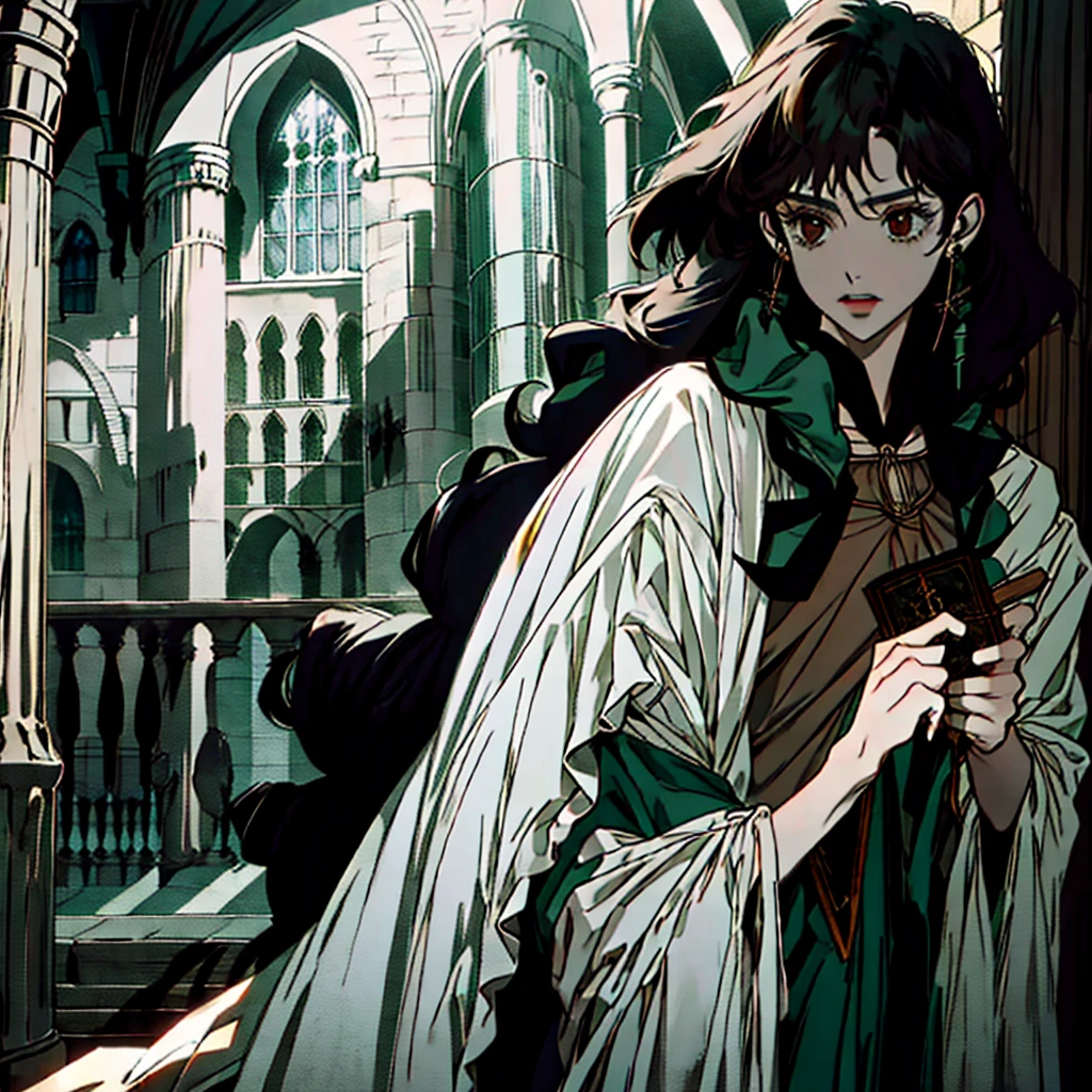 a girl with black hair and brown eyes, half body , from Hogwarts' Slytherin house. making spells and potions at night outdoors