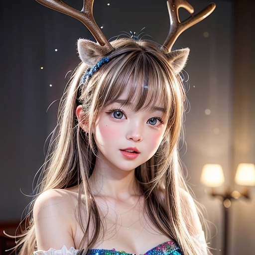 NSFW, 8k, High-level, absurd, masterpiece, best quality, primitive, very detailed CG, very detailed wallpaper, perfect lighting, Extremely detailed (((The personifying " reindeer " as a Little Girl))), MysticSight, Tyndall effect, Tyndall scattering, Studio gray background with (many Dazzling RainbowColor particles BokeH:1.28), (RoundlyButts, ThighGap), (Exposed:0.4), (Assfocus with looking ahead), BREAK (NOGIZAKA face variations) Extremely Detailed very KAWAII face variations, perfect anatomy, Childish, captivating gaze, elaborate detailed Eyes with (sparkling highlights:1.28), long eyelashes、Glossy RED Lips with beautiful details, Coquettish tongue, Rosy cheeks, Radiant PearlSkin with clear transparency . { (Dynamic LifeLike expressions:1.4) | :d) }, (large eyes:-1) .