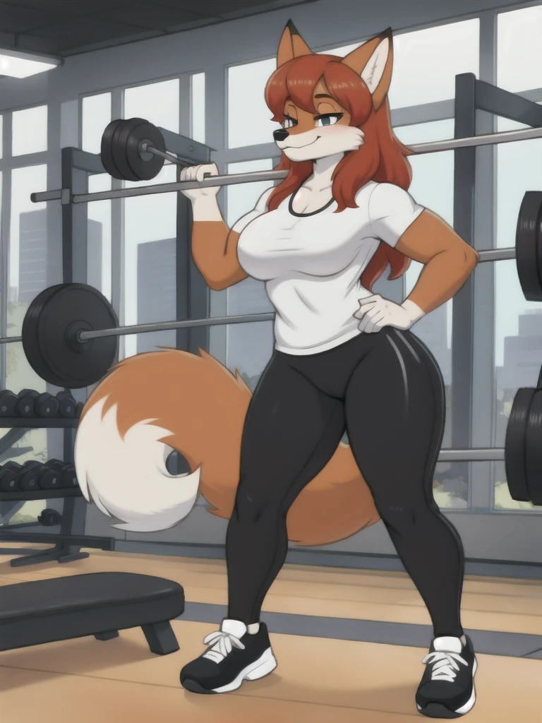 Furry, fox, female, white shirt, black leggings, shoes, gym, , full body