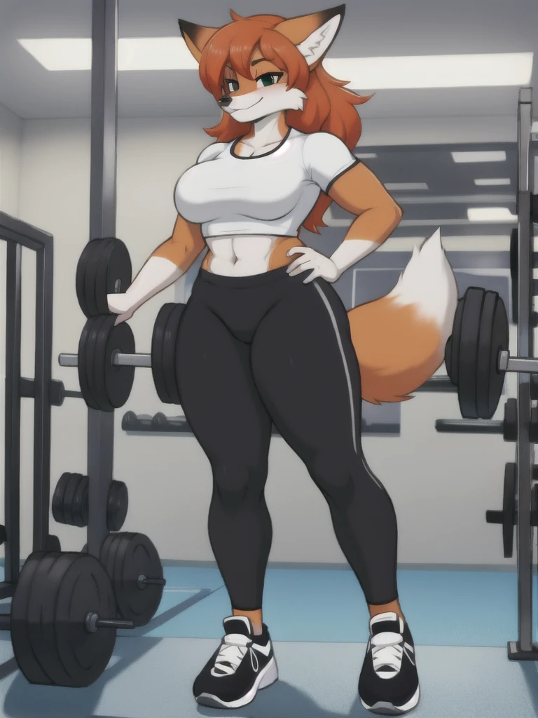 Furry, fox, female, white shirt, black leggings, shoes, gym, teen, full body