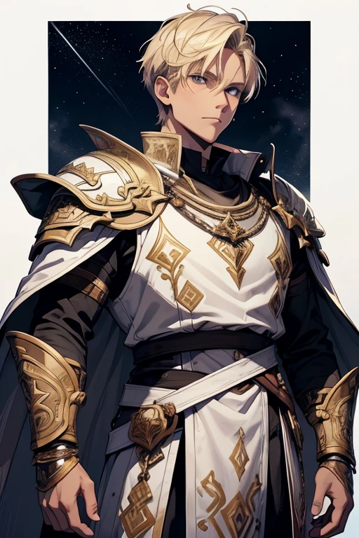 white man, blond hair, brown eyes, short hair, with white clothes, on top of the white clothes he wears armor decorated in black, on both arms he has bracelets decorated in black, he wears a white cape, the cape has a drawing of a dragon in the middle in black, on the edges of the cover there is a black outline, the cover covers both shoulders, scenery and the night sky with stars.
