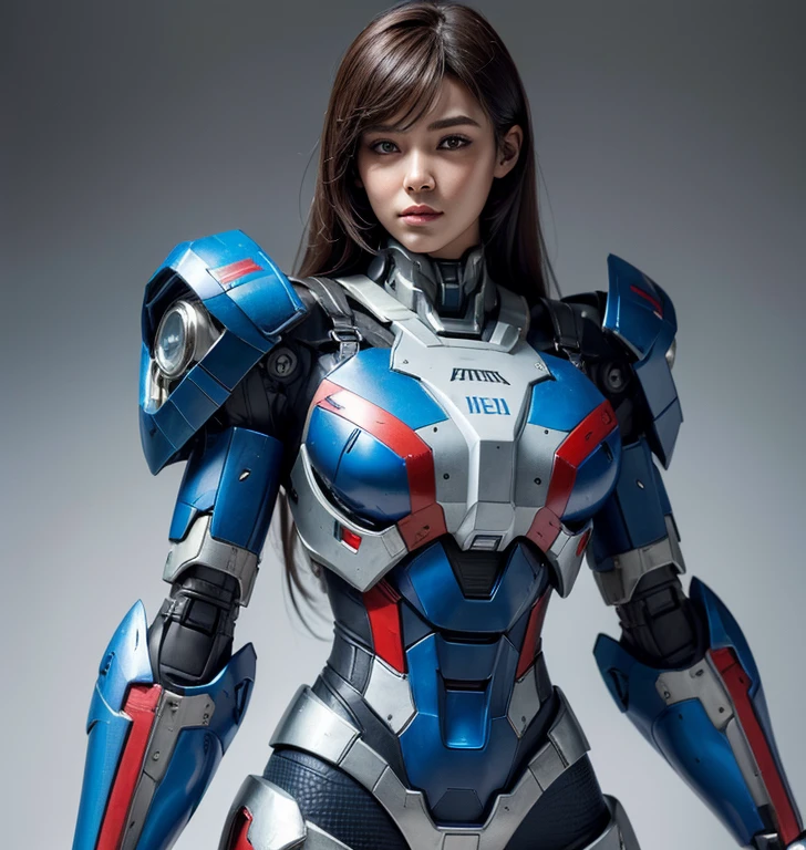 Textured skin, Super Detail, high details, High quality, Best Quality, hight resolution, 1080p, hard disk, Beautiful,(Iron Patriot),beautiful cyborg woman,Mecha Cyborg Girl,Battle Mode,Girl with a Mecha Body,She wears a futuristic Iron Patriot mech,Fulll body Shot