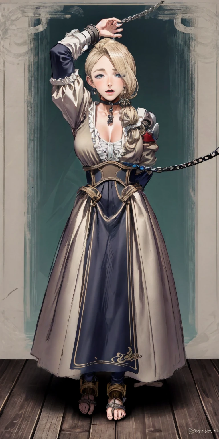 (masterpiece, best quality), intricate details, 1girl, Cammy White from Street Fighter (standing full body toe to head by wooden pole:1.2) iron collar, arms behind back, iron cuffs, shackles, bound, outfit, harness, o-ring, bondage blindfolded coyes, happy red cheeks, chain leash collar choker neck bell shackles wristbands bracers bracelets, cleave gag