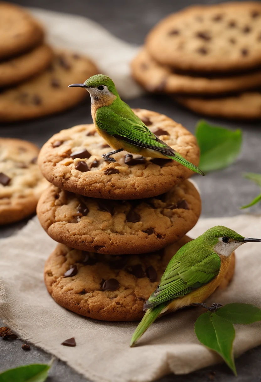 Biscoitos Cookies com gotas de chocolate (doce de leite), realista, ao fundo um beija flor(colibri)(green bird), (bird beija flor, green bird), cookies a frente (fundo um beija flor(colibri verde), bird, 4k, high resolution, biscoitos cookies, scenario (beija flor ao fundo, natureza), realista, Photo by the best photographer in the world, zoom. Grade, rustic cookies, cookies gotas de chocolate, nozes