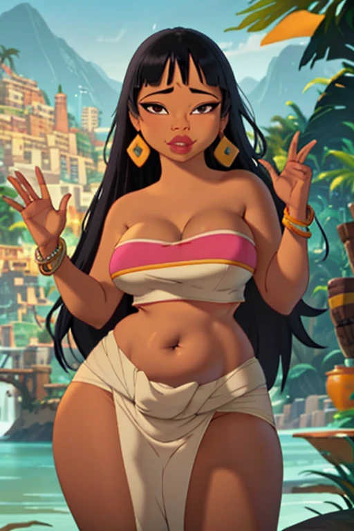 (Masterpiece), (best quality), (detailed), 1girl, (Chel from road to el dorado), Curvy body, waving