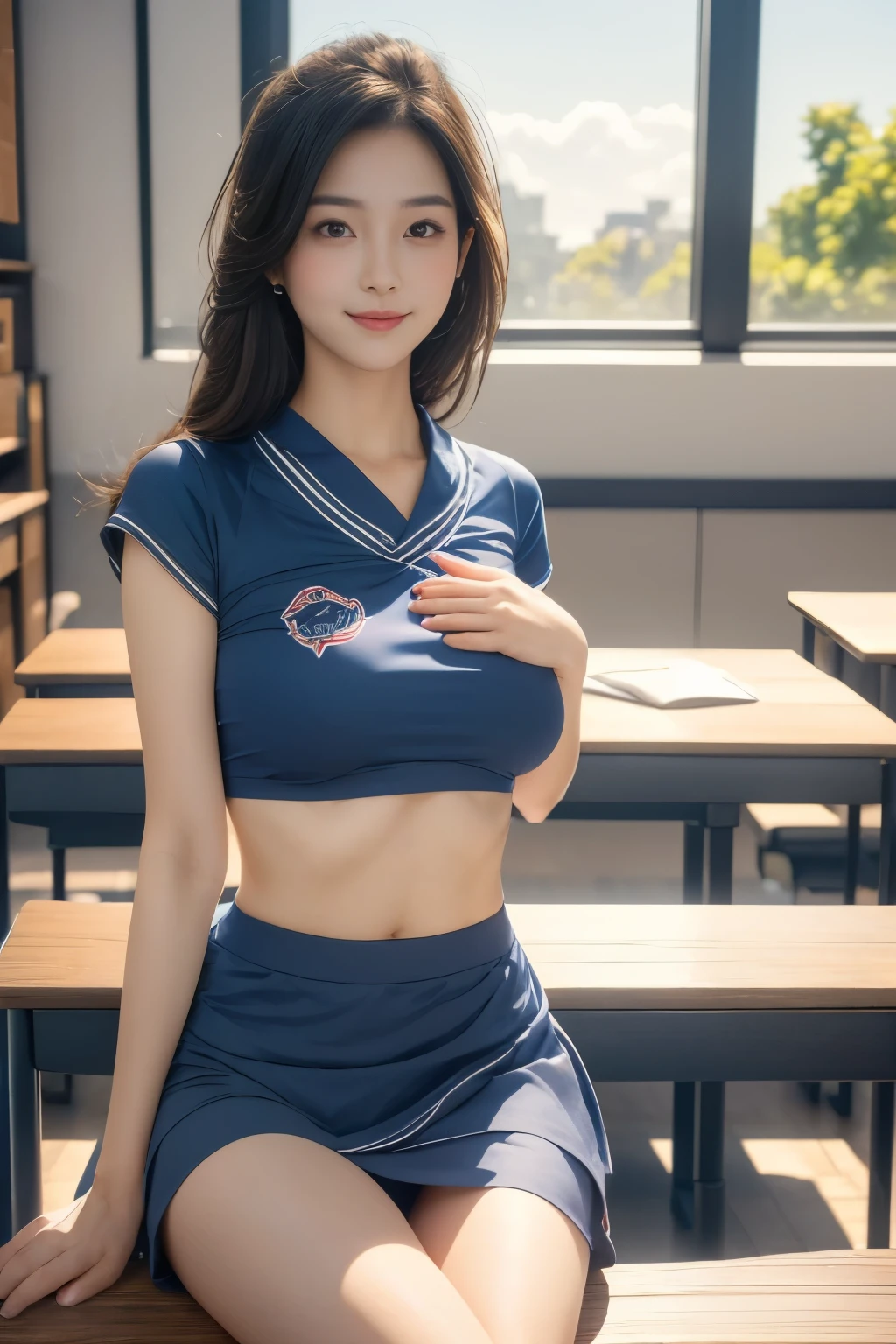 ((Japanese beautiful girl:1.3)) ((Uniforms:1.4)) ((Filming:1.5)) ((Middle School)),((Dark blue skirt:1.3)) ((in the classroom:1.3)) ((Thin_Fabric:1.4)) ((Casual sexy pose:1.3)) ((Sweating:1.5))((Blushed:1.4)) ((Large Breasts:1.4)) ((close up:1.2)) best quality,masterpiece,Ultra-high resolution,(Reality:1.4),RAW photos,(Realistic skin texture:1.3),(Film Grain:1.3),panoramic,a character portrait,Very wide-angle lens,Willow Waist,Cowboy shooting,(in the darkness, Deep Shadows, Low profile, Cold Light,) night,(()),Tears streaming down my face,,dust,Tyndall effect,(Express),1 Girl,Beautiful and detailed eyes and face,White Jabot,Brown eyes,((brown hair:1.2)) ((whole body:1.3)) ((Smile:1.3))