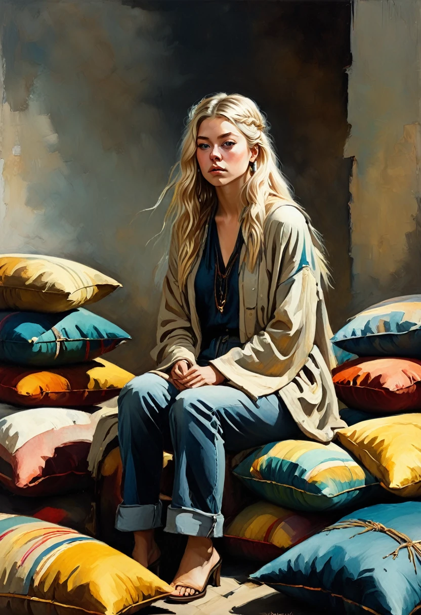 Dramatic moody dry-brushed oil painting, woman sitting on a tall pile of colorful boho pillows, prompt by McKay, art by Andrew Wyeth, pensive, looking longingly, intense, drama, perfect hands, ethereal clothing, the ambient lighting, 3D, texture, hyper detailed, magical, mindblowing image, statement making, textured scratchy paint strokes, scratchy brush strokes, fantastical, highly detailed, inspiring, hyper detailed face and eyes, the face is a mix of Hunter Schafer and Sarah Hyland, creative, perfect composition, 8K, award winning, professional concept art