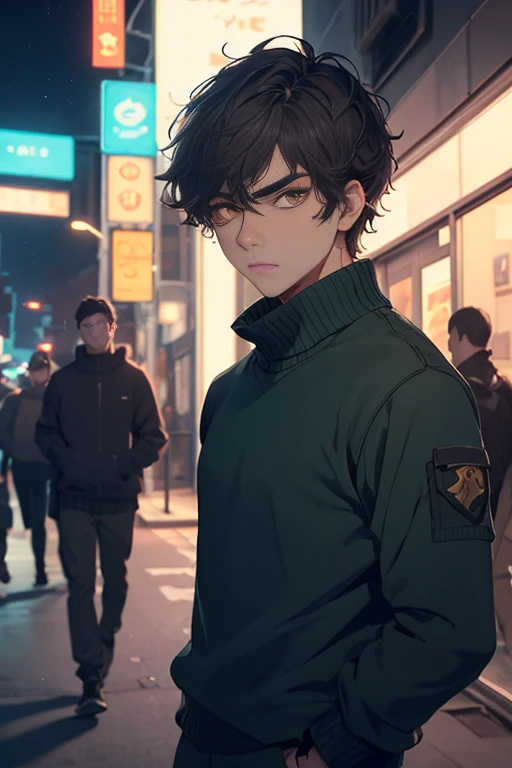 ((best quality)), ((masterpiece)), (detailed), male, boy, dark brown eyes, blank stare, eye brows, short dark hair, black sweater, khaki cargo pants, outside, nighttime, neon lights, green and blue lights in the background