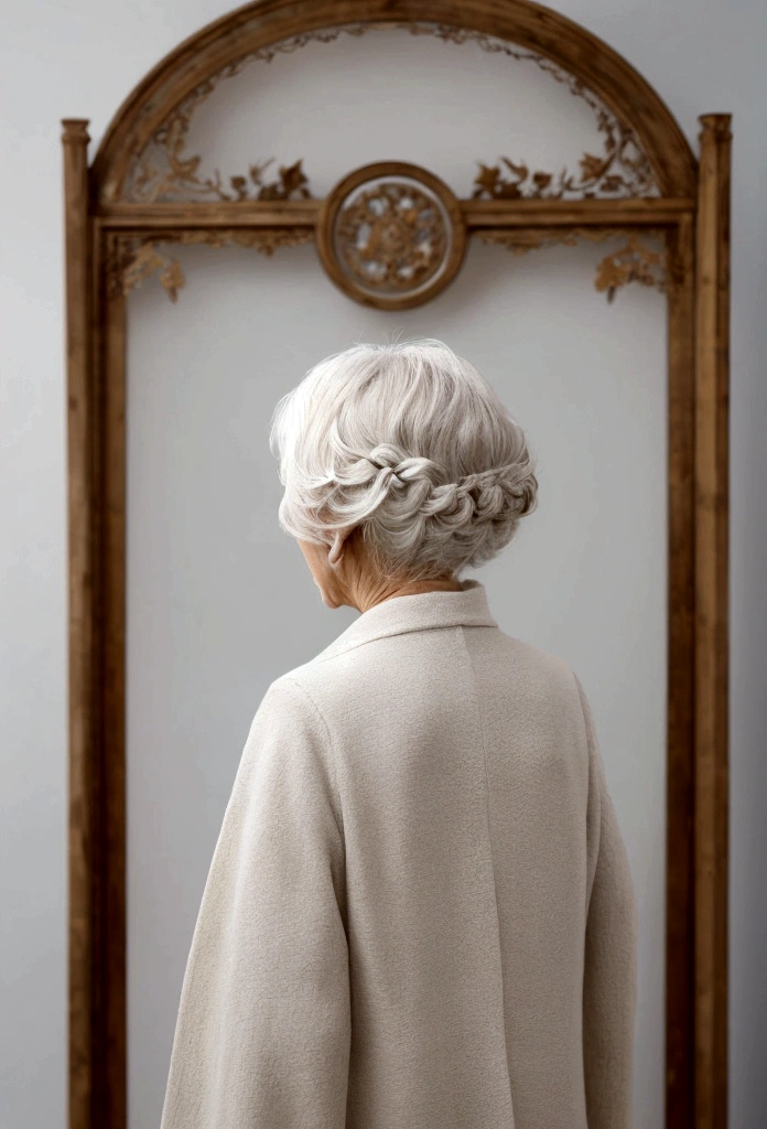 (((alone))), Older mature woman, Pure white background, gravure, Look forward, ((Center the screen)), Show the backs of your hands,