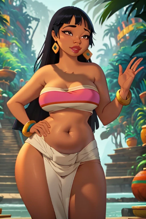 (Masterpiece), (best quality), (detailed), 1girl, (Chel from road to el dorado), Curvy body, waving