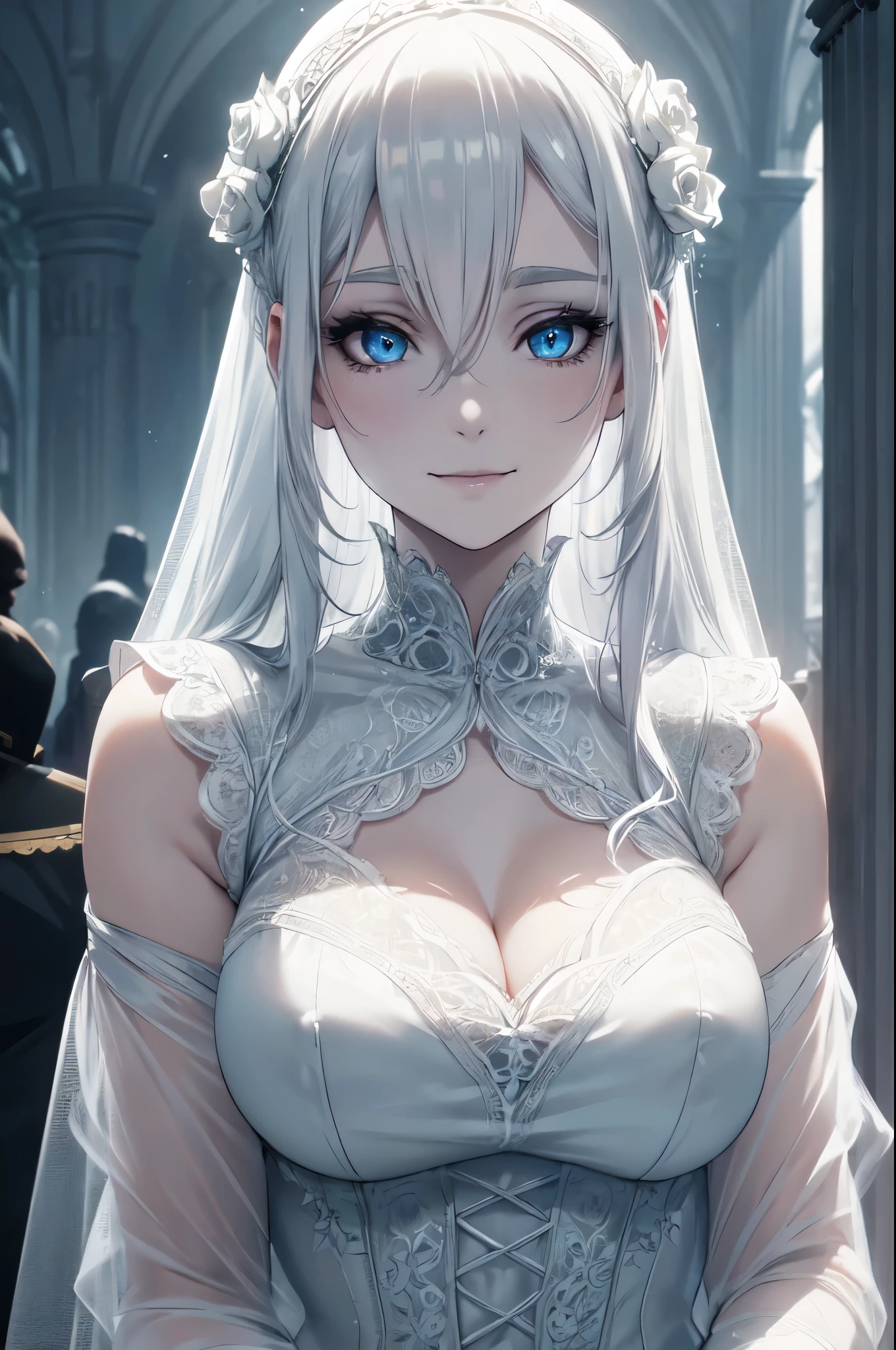 (High quality, High resolution, Fine details), misty surroundings, ethereal figure, intricate lace gown, solo, ghostly, curvy adult women, long white hair, sparkling eyes, (Detailed eyes:1.2), haunting expression, smile, pale skin, dramatic lighting, gothic atmosphere, dramatic shadows, cinematic composition, Soft tones, shallow depth of field