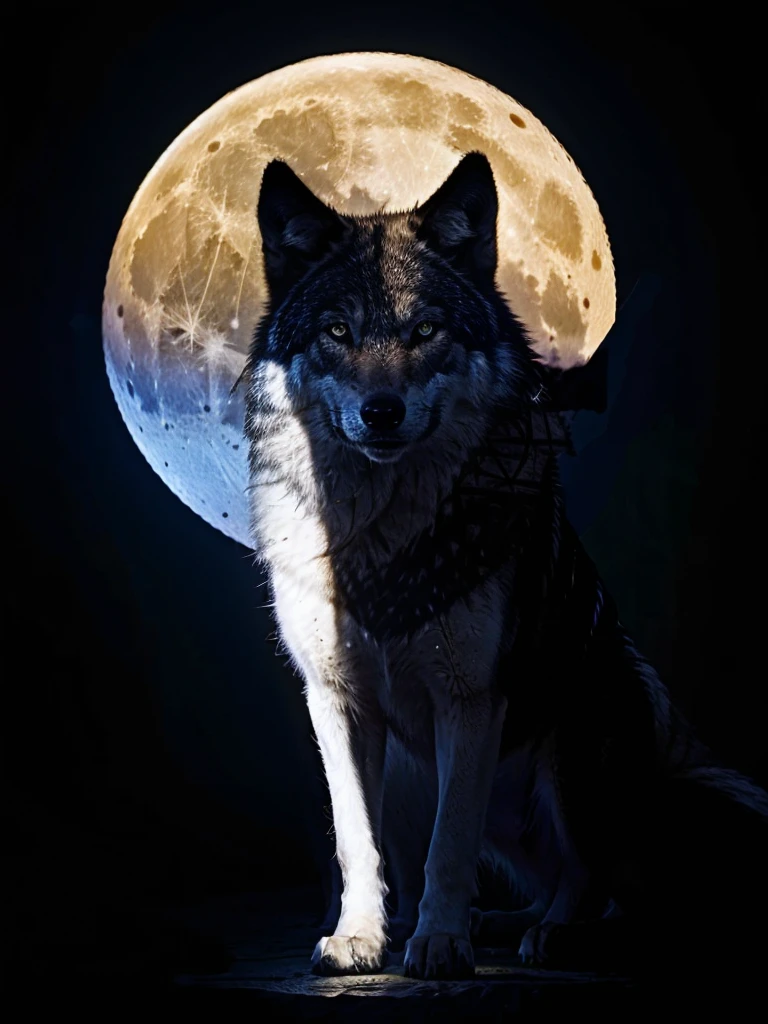Wolf，Pale white spotlight，Full moon rockoonbeam，(Dark Background:1.2)