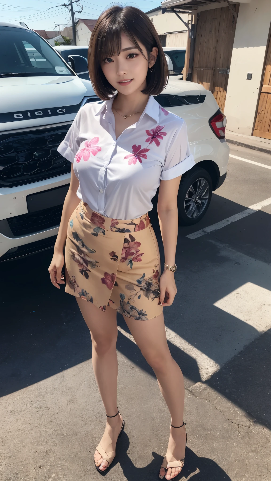 (Full body image:1.5),(Are standing:1.3),(masterpiece:1.3), High resolution, Super detailed, Highly detailed CG Unity 8k wallpaper, Realistic, photo-Realistic, RAW Photos, Beautifully detailed face, Pale skin, Realistic skin, Detailed cloth texture, Detailed hair texture, Perfect Proportions, Beautiful Face, Accurate, Anatomically correct, Highly detailed face and skin texture, Natural neck length, (Beautiful Hands), (Fair skin:1.2), Thin legs, Thin legs, Sexy thighs, 
break, 
Fine grain, Symmetrical eyes, Light brown eyes, double eyelid, Thin eyebrows, (Glossy lips:1.4), (A shy smile:1.2), ((Cute wink:1.2)), 
break, 
(Classy and cute girl:1.3), (Wearing a mid-riff Aloha shirt:1.2), (Wearing a pareo skirt:1.1),  
(Big Breasts:1.2), (Slim figure:1.2), (Beautiful curves), (Supermodel), 
(Dark brown hair, Wavy Hair), ((short hair, Asymmetrical bangs:1.2)), (Upper Body Shot:1.2), (View Viewer:1.2), (From above:0.5), 