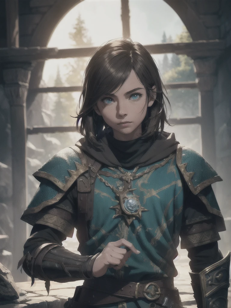 a young boy, Allessan (Skyrim), brown hair, cyan eyes, hunter's clothes, viking, (best quality,4k,8k,highres,masterpiece:1.2),ultra-detailed,(realistic,photorealistic,photo-realistic:1.37),HDR,UHD,studio lighting,ultra-fine painting,sharp focus,physically-based rendering,extreme detail description,professional,vivid colors,bokeh,portraits,fantasy,cinematic lighting,dramatic lighting,dramatic atmosphere