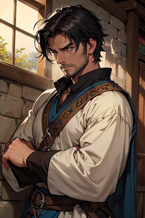A handsome medieval serious male peasant wearing tunic with black hairstyle and hazel eyes, muscle, with stubble