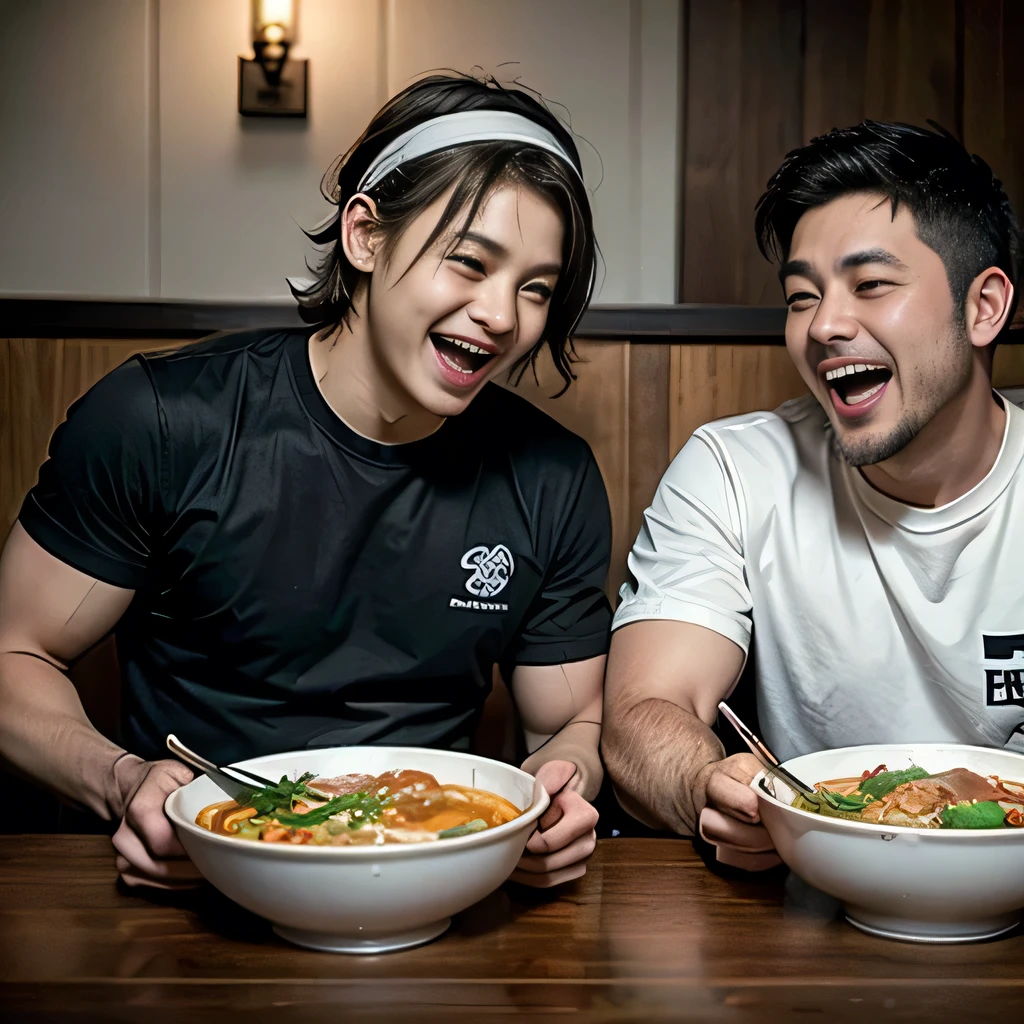 8K, ultra detailed, (realistic:1.2), masterpiece, 30yo, (ramen:1.2), A man wearing a black T-shirt and a white bandana on his head, (muscular, fat:1.0), Ramen restaurant ,(laugh:1.3), (side by side:1.4)
