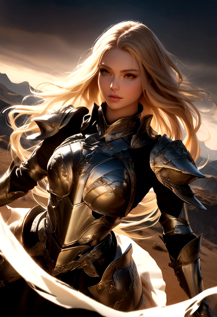 A beautiful blonde woman with long hair blowing in the wind, wearing shiny silver armor, holding a military style weapon tightly in her hands, strong and imposing presence, cinematic lighting, epic fantasy, highly detailed, 8K, photorealistic, intricate armor details , dramatic poses, chiaroscuro lighting, hyper-realistic, dramatic shadows, volumetric fog, dramatic angles, the background of the image is a desolate plain location, with mountains in the background.