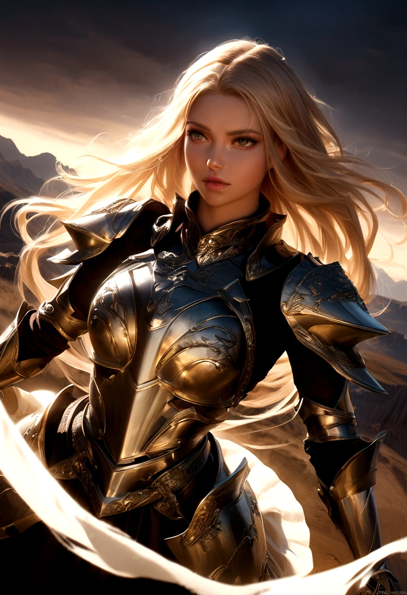 A beautiful blonde woman with long hair blowing in the wind, wearing shiny silver armor, holding a military style weapon tightly in her hands, strong and imposing presence, cinematic lighting, epic fantasy, highly detailed, 8K, photorealistic, intricate armor details , dramatic poses, chiaroscuro lighting, hyper-realistic, dramatic shadows, volumetric fog, dramatic angles, the background of the image is a desolate plain location, with mountains in the background.