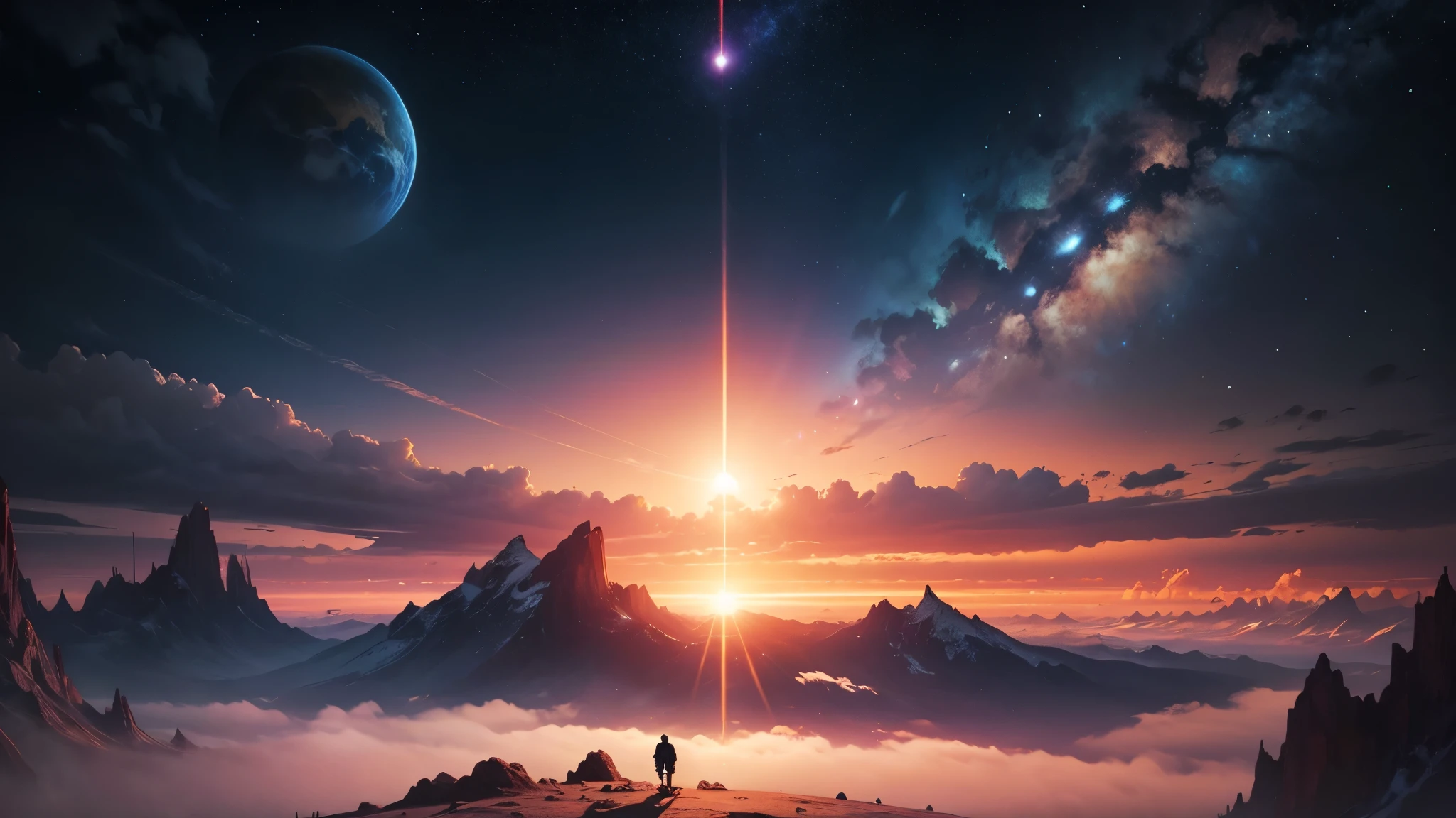 ((masterpiece: 1.2)), ((best quality)), ((high resolution)), ((extremely detailed CG unity 8k wallpaper)), space, blue gas giant ringed planet in horizon, mountainous terrain, deserted planet, red oceans, ((dark sky sunset)),