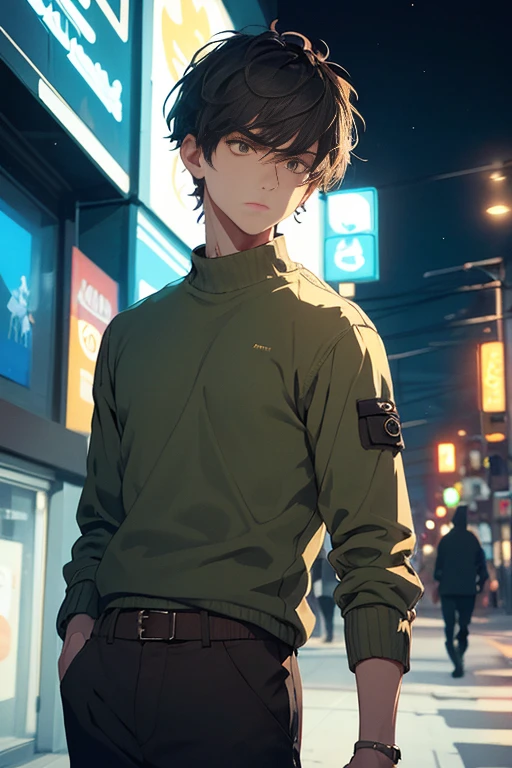 ((best quality)), ((masterpiece)), (detailed), male, boy, dark brown eyes, blank stare, eye brows, short dark hair, black sweater, khaki cargo pants, outside, nighttime, neon lights, green and blue lights in the background