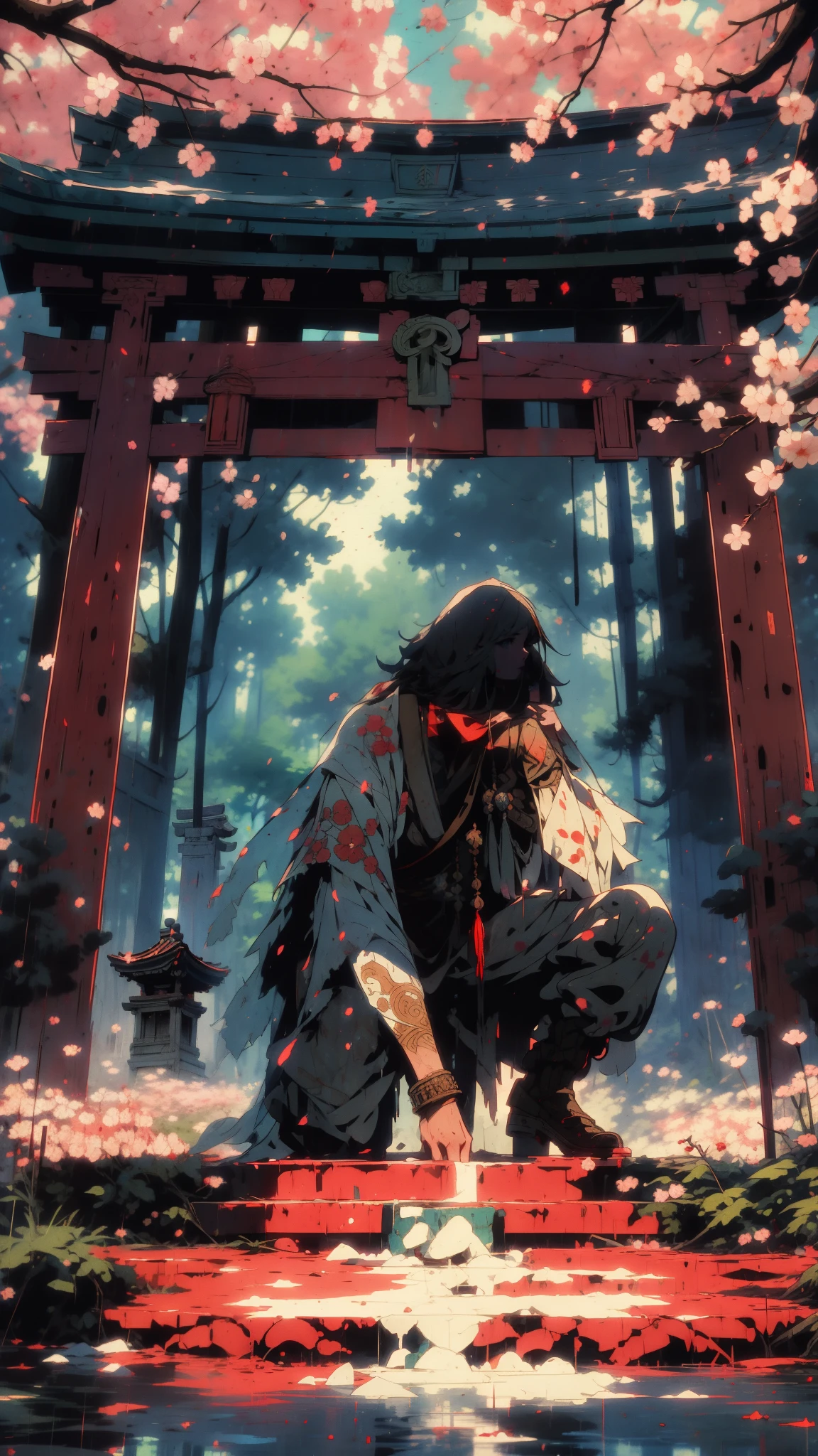 A young soldier kneels before a crumbling Shinto shrine, tracing an occult symbol with their finger on the ground. Abstract cherry blossoms drift down around them, creating a ghostly veil, fantasy world, dark background, clean design, epic, artstation, colorful paint splatter, silhouette, hyper detailed intricate details, unreal engine, fantasy, splash screen, complementary colors, deviantart masterpiece, oil painting, heavy strokes, paint dripping, indifferent expression