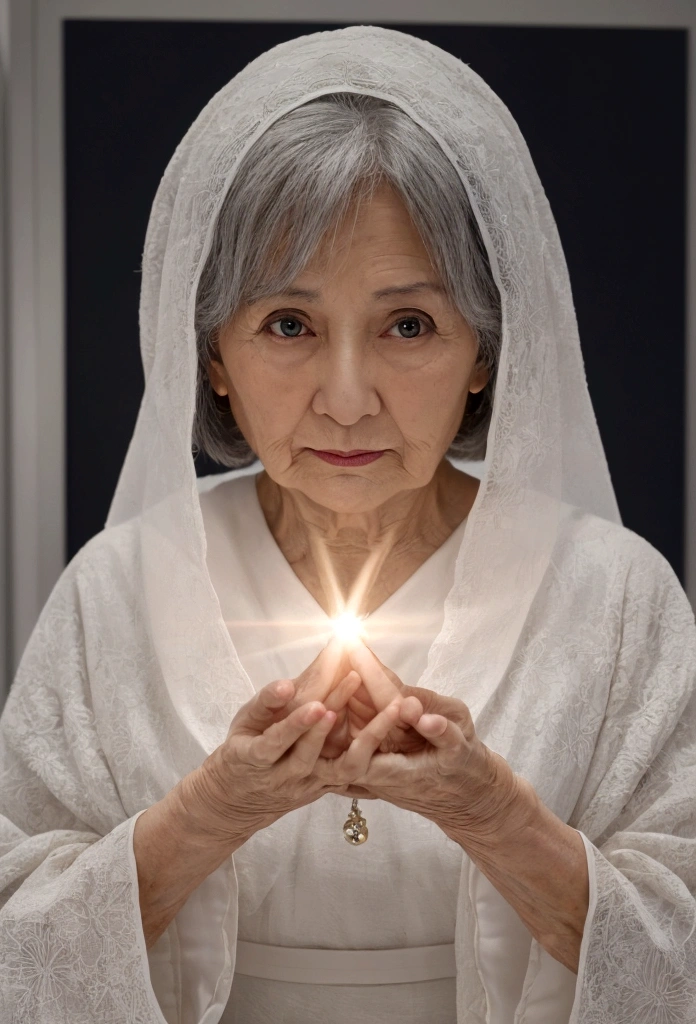 (((alone))), Older mature woman, Pure white background, gravure, Look forward, ((Center the screen)), Show both hands,