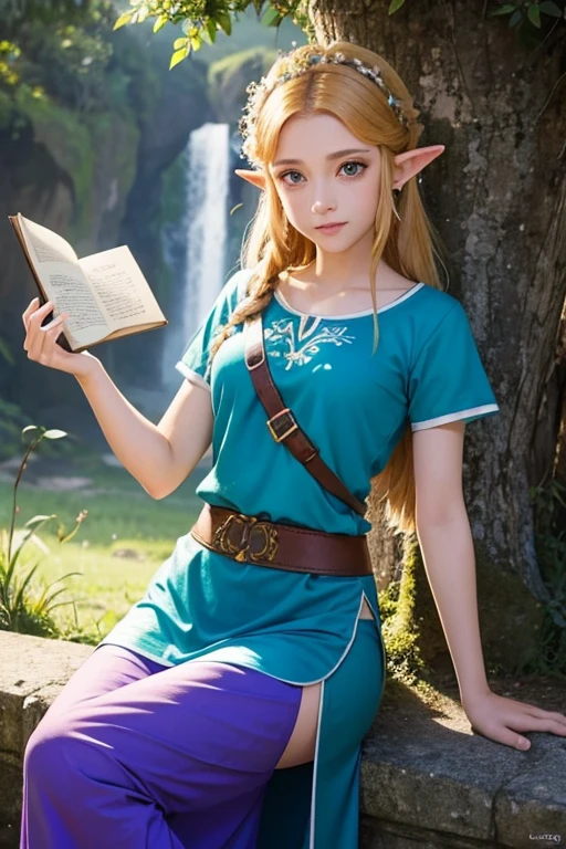 princess zelda, 1 garota, artist request, cinto, cabelo loiro, camisa azul, livro, Botas, inexpressivo, corpo todo, olhos verdes, high resolution, olhando para o espectador, Magia, nintendo, pants, Orelhas pontudas, camisa, cabelo curto, fundo simples, Sozinho, A Lenda de Zelda, A Lenda de Zelda: sopro da natureza, A Lenda de Zelda: Tears of the Kingdom, flor feita de luz, Magia