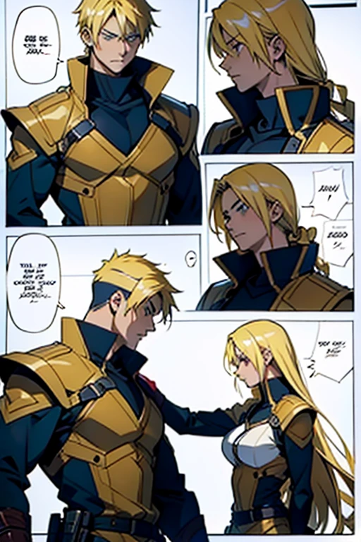 Anime guy with blonde hair holding his girlfriend after a battle, detailed scene manga page with panels and dialogue 