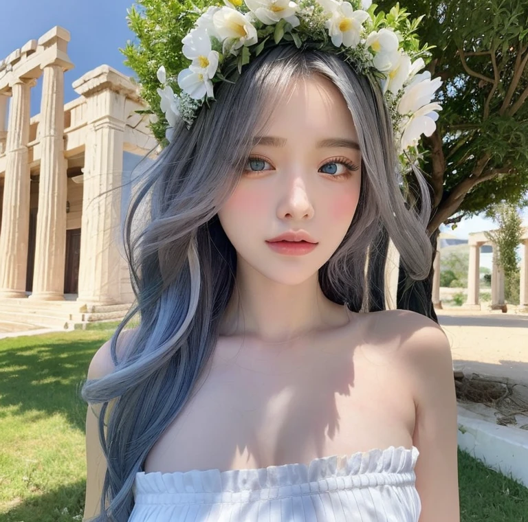 Beautiful girl, blue eyes, white hair, detailed facial traits, white greek female dress, flower wreath, naked breasts, greek architectural buildings