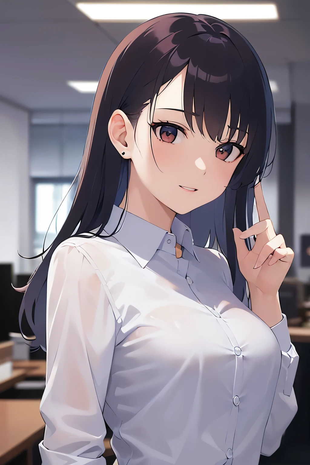 Upper Body, Realistic, real person, (pale skin: 1.2), RAW photo, photorealistic, shiny skin, shiny hair、(A 25-year-old woman with medium-length hair and bangs) and (wavy hair) and (brown hair) and (orange eyes) , (business suit:1.5)and (Wearing a white collared shirt)、 smile, Background in the office、Alone、Are standing、One hand raised、Biologically correct5Finger