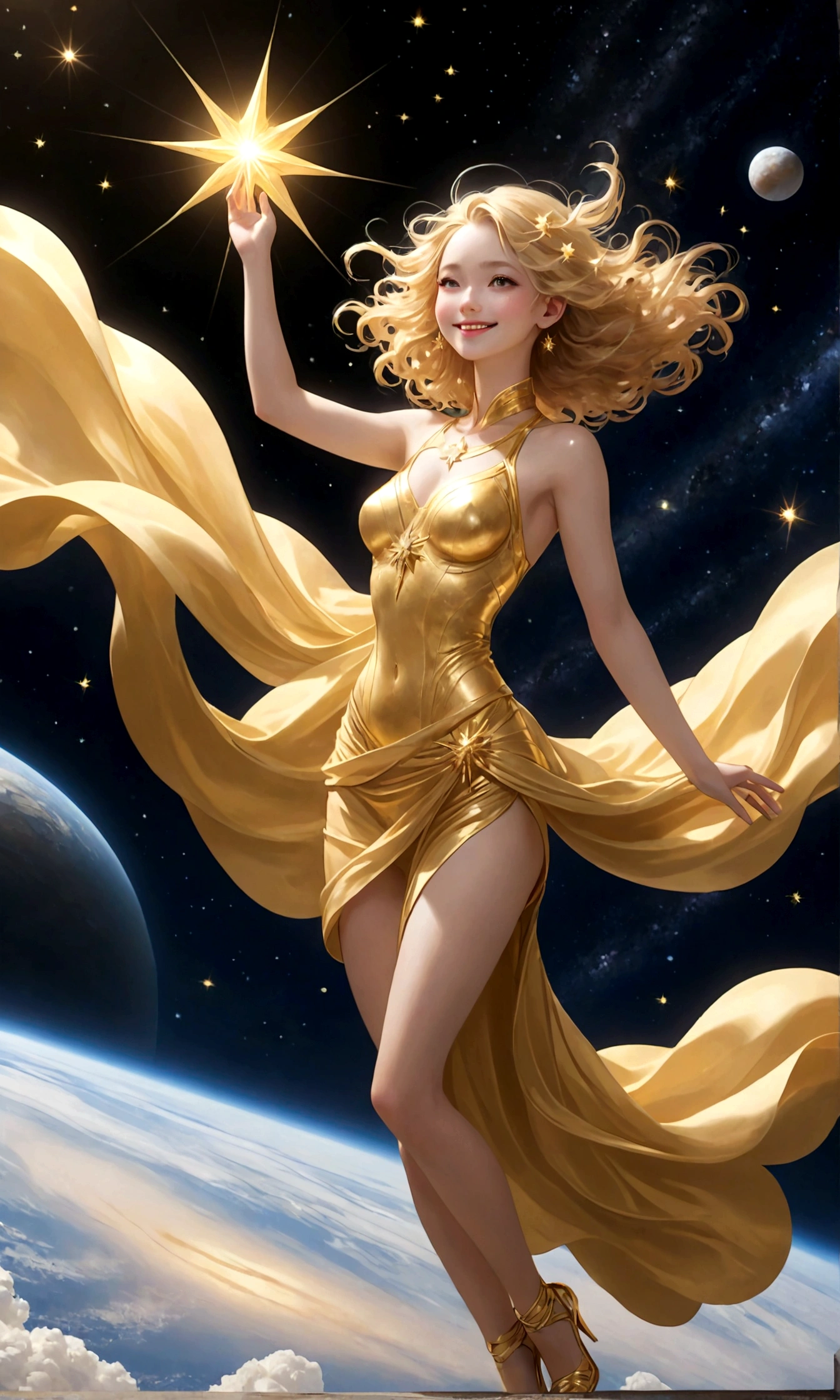 (masterpiece、highest quality、High resolution、8k)、Alone in space、goddess、Smile with closed mouth、Standing posture、whole body、Super beautiful、Perfect figure、Golden half dress、(Floating in the sky like a star、Floating、Floating)、金色のLightがwhole bodyを包んでいる、whole bodyがLightの中にある、Looking down on the earth、(目がくらむほどのLight、Light、Light)、宇宙はLightに満ちている、Dynamic Movement、The Universe is Infinite、